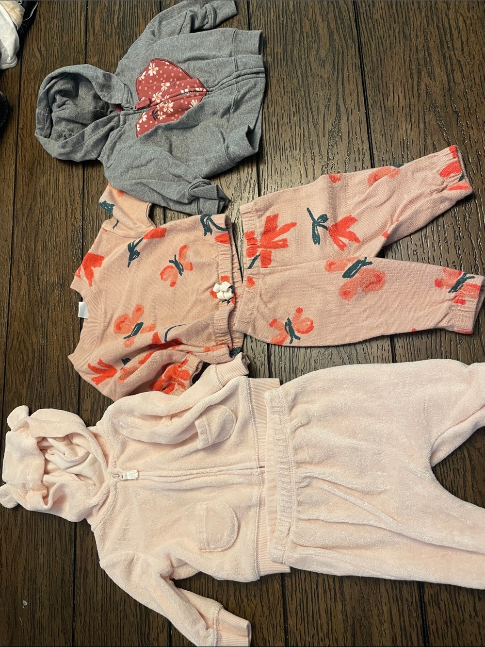 2 sweat sets baby size 0-3 months and 1 zip up hoodie